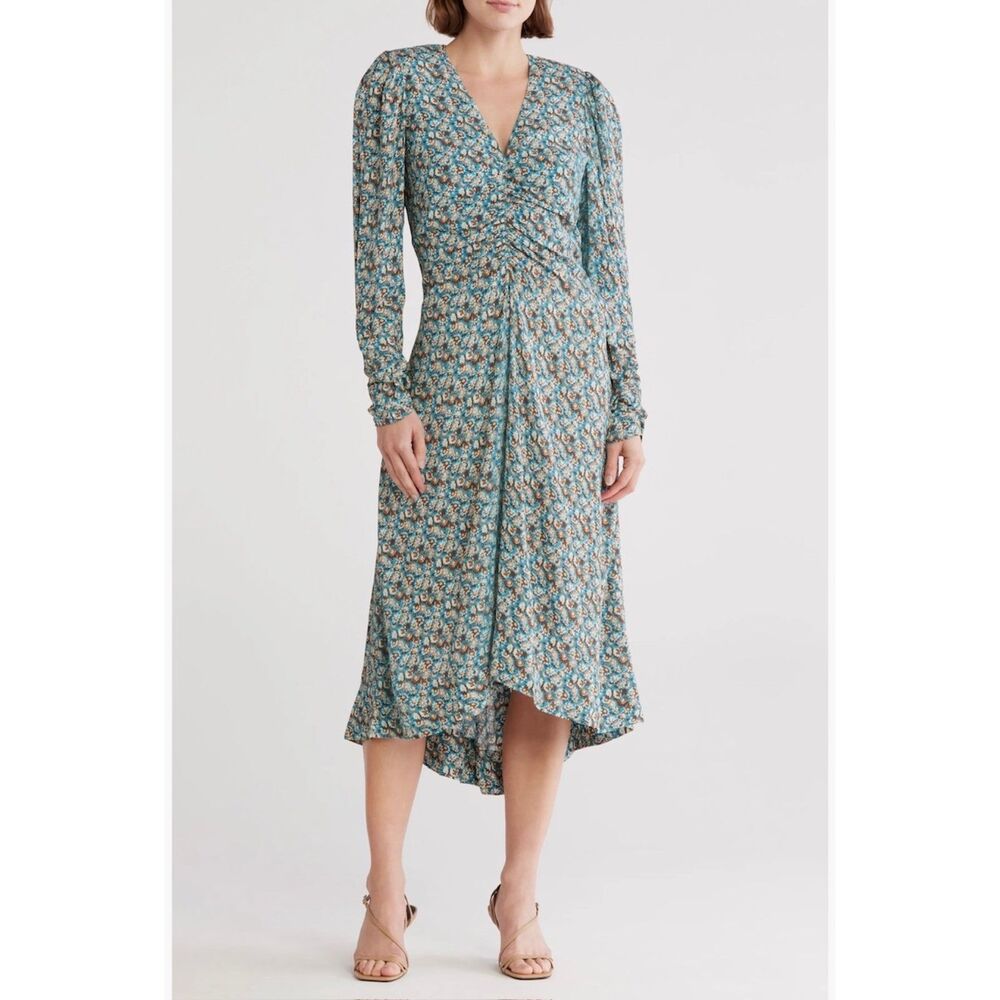 NWT Joie Haruko Floral Print Ruched Long Sleeve High-Low Midi Dress